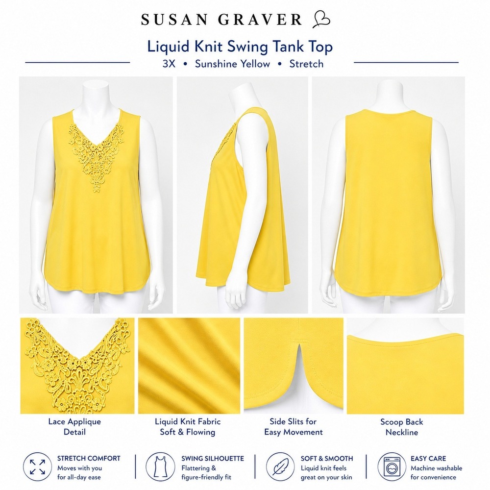 Susan Graver Liquid‎ Knit Swing Tank Top Sunshine Yellow Lace Applique 3X A87176